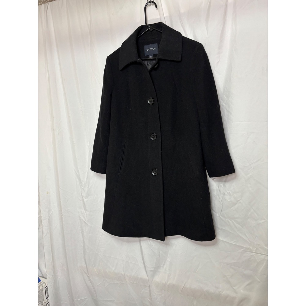 Nautica Womens Black Wool Blend Pea Coat Mid Length Button Front Jacket Size M